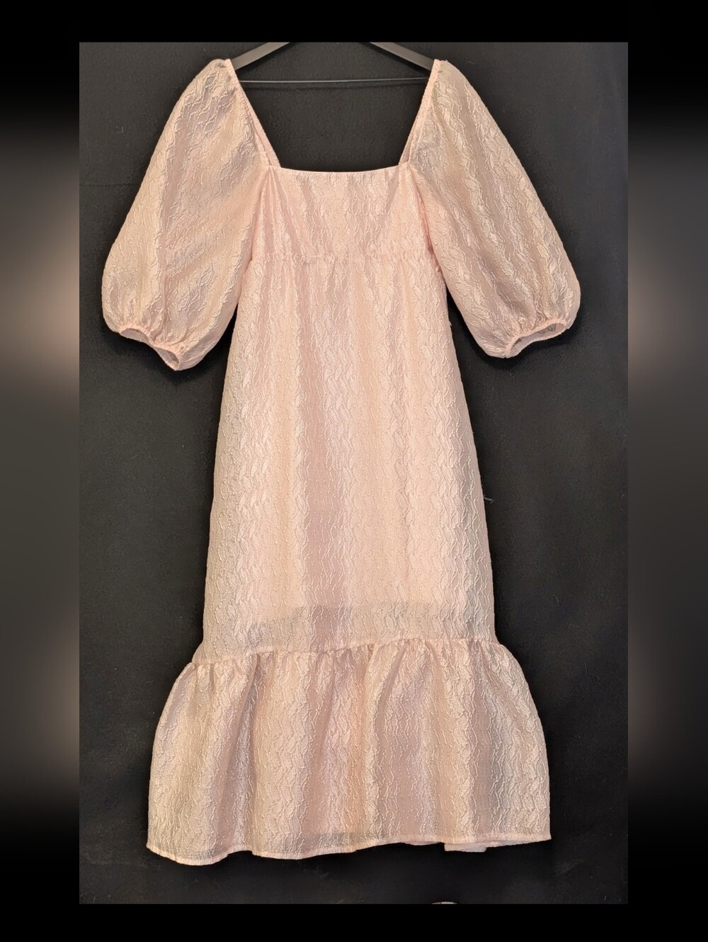 Anthropologie XXS Blush Pink Jacquard Puff Sleeve Square Neck Midi Dress Barbie